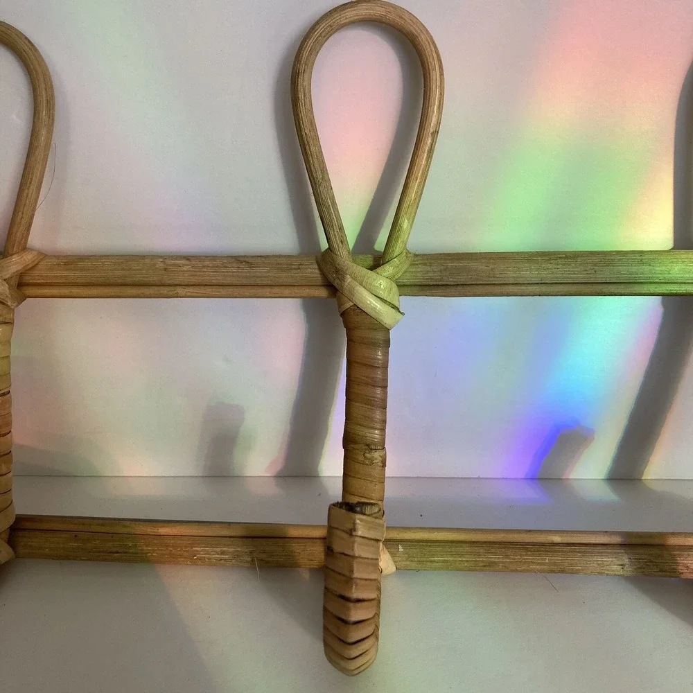 Vintage Rattan Bamboo 3 Hook Coat Rack Hanger Wall Mount 14.5